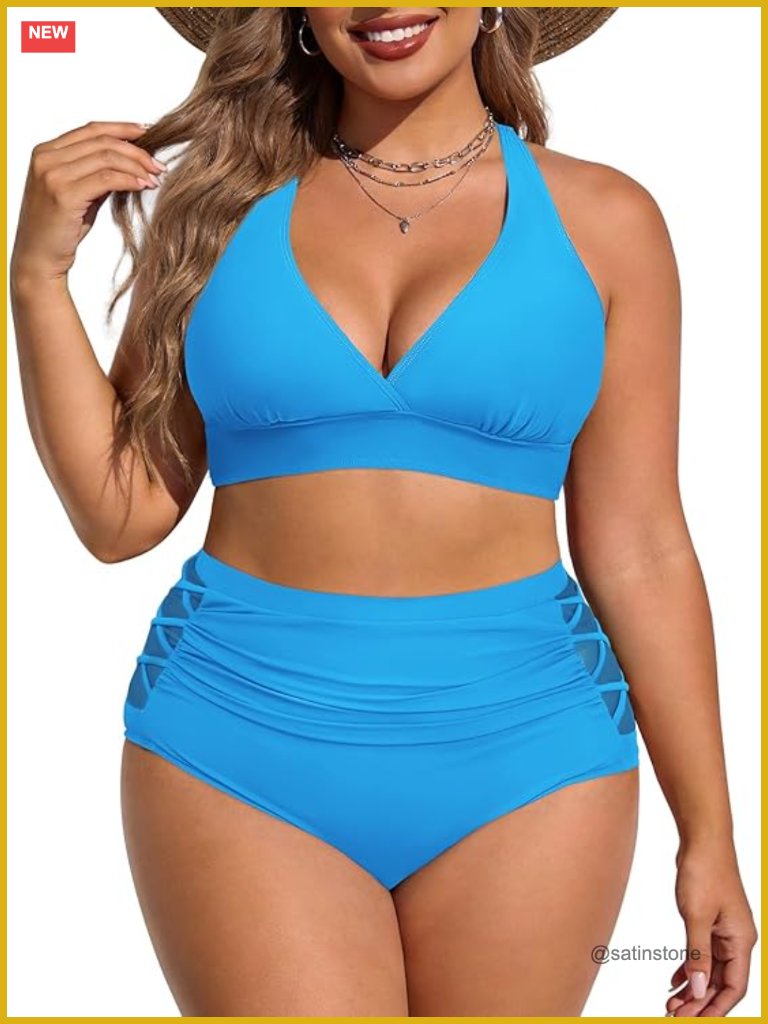 Plus Size Tummy Control High Waisted 2 Piece Bikini Set - Adjustable Halter Top